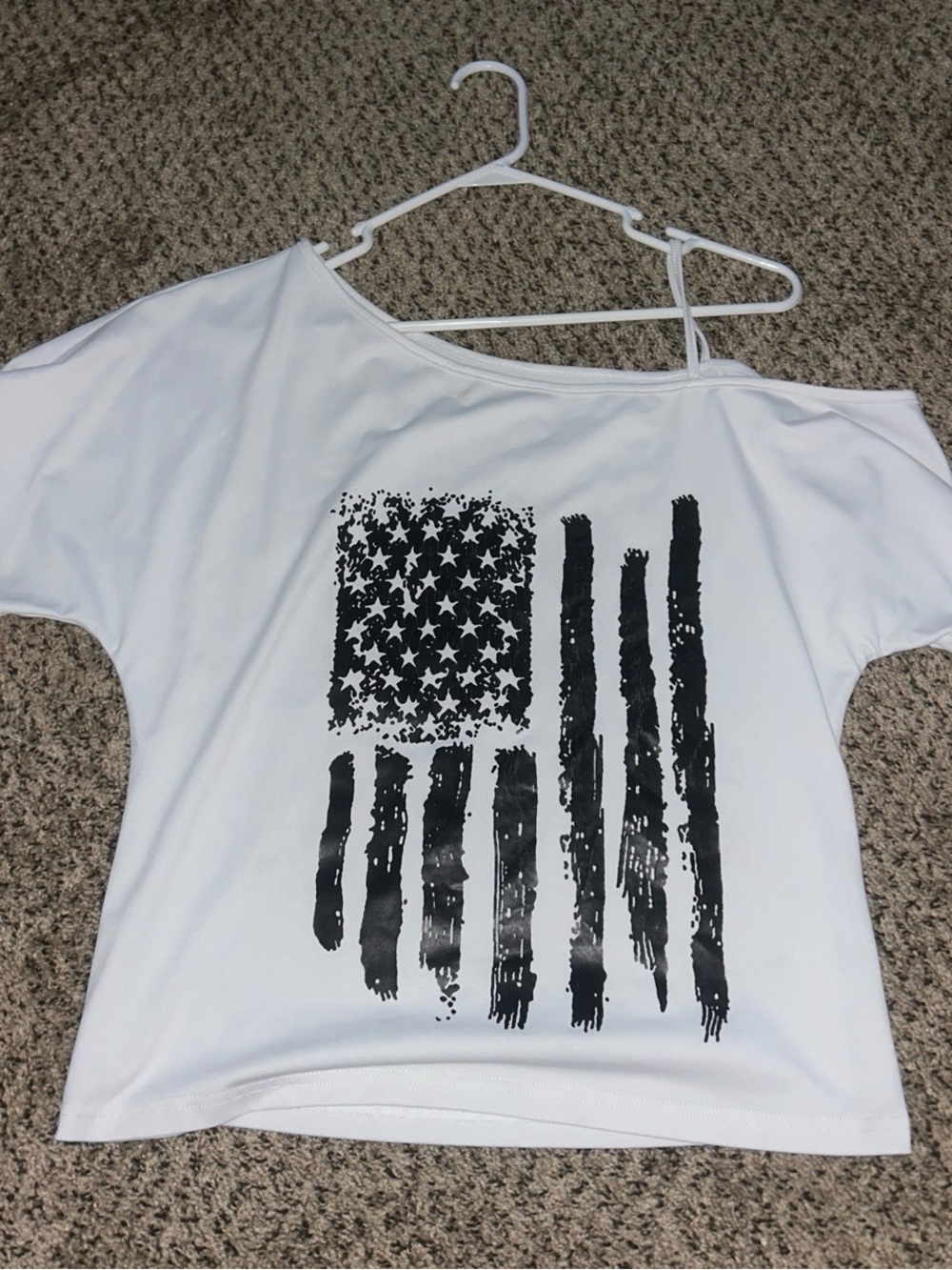 SHEIN White Off-Shoulder Graphic Tee with Black Flag Print